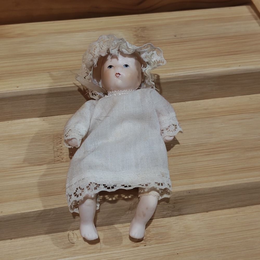 Mini Porcelain Doll 4" Baby Russ Berrie Cloth Body Gown Bonnet Diaper Vintage